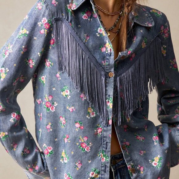 Dark Wash Casual Women's Western fringe floral Printed Loose button down Shirt - Picture 4 of 7